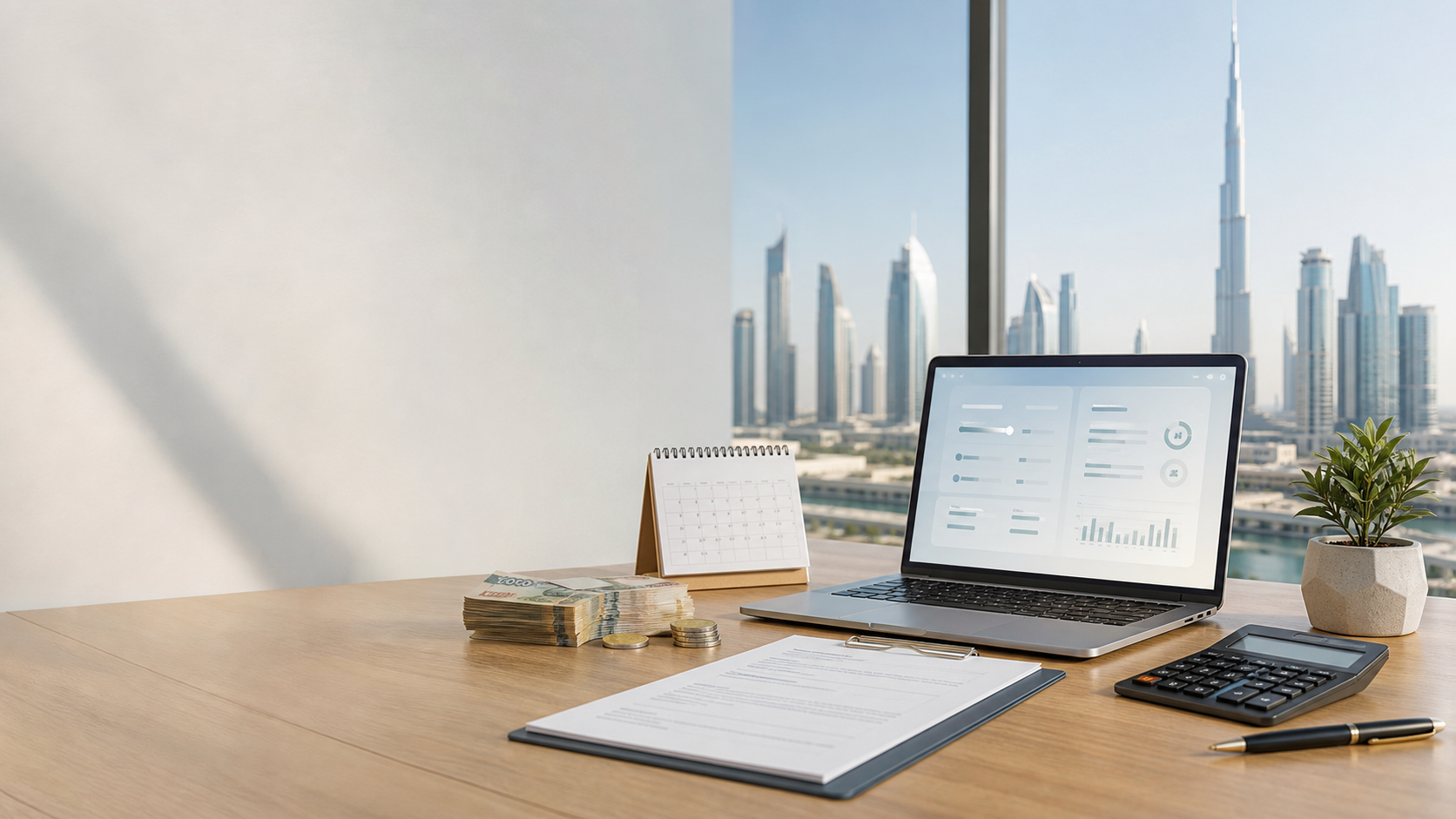 Modern UAE workplace desk with a calculator interface and contract document