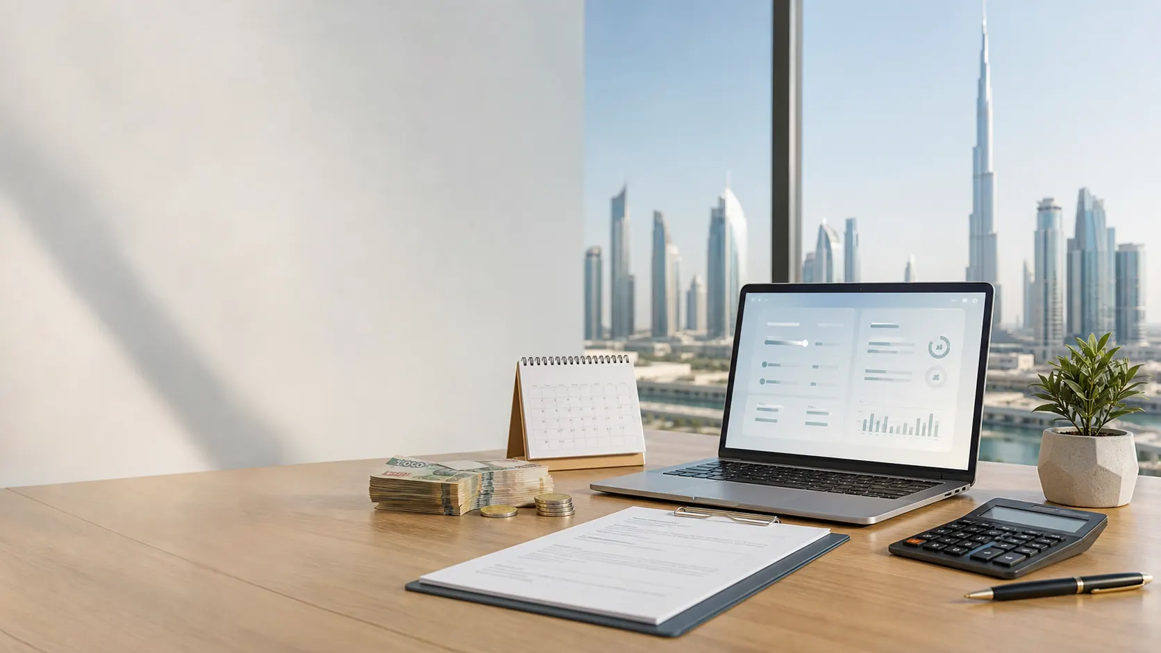 Modern UAE workplace desk with a calculator interface and contract document